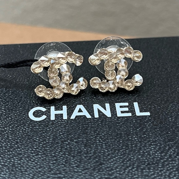 Authentic Chanel Crystal CC Stud Earrings Gold - Picture 4 of 5